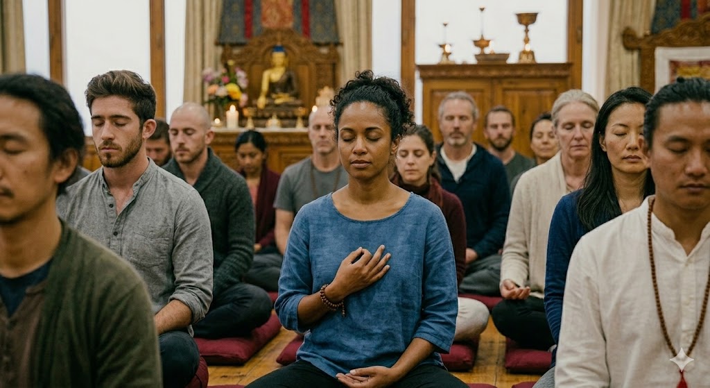Candles and cushions in a softly lit meditation room