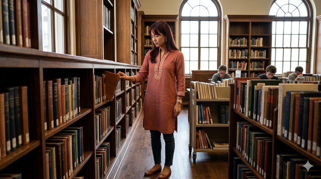 Rows of books on library shelves in warm light