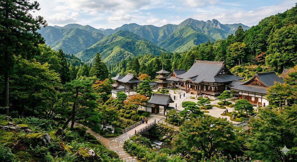 Old wooden gate in a forest, stone path leading through