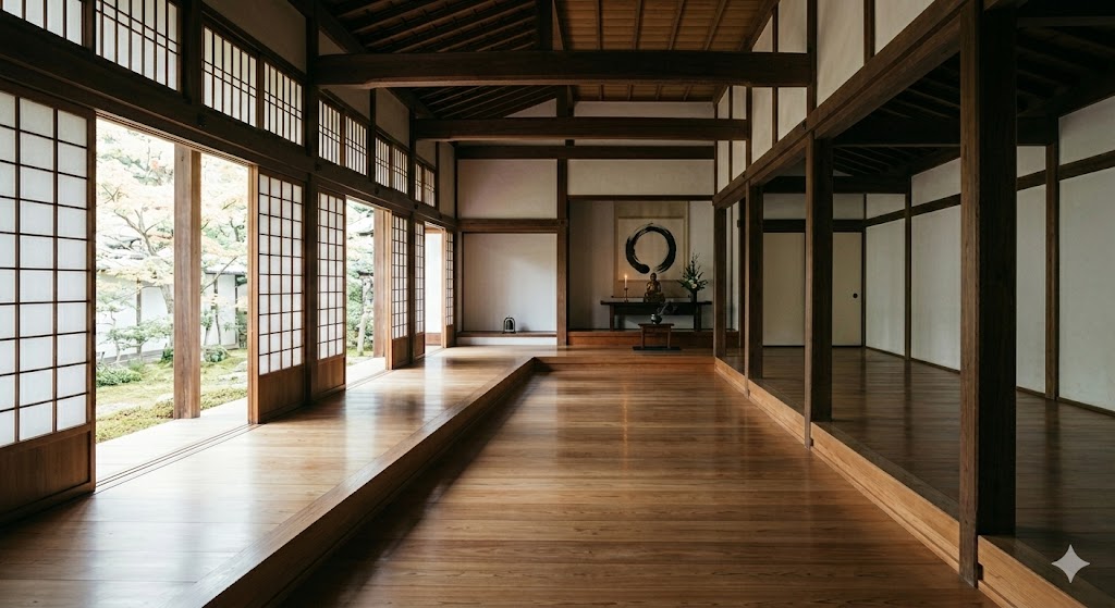 Empty meditation hall with wooden floor, natural light