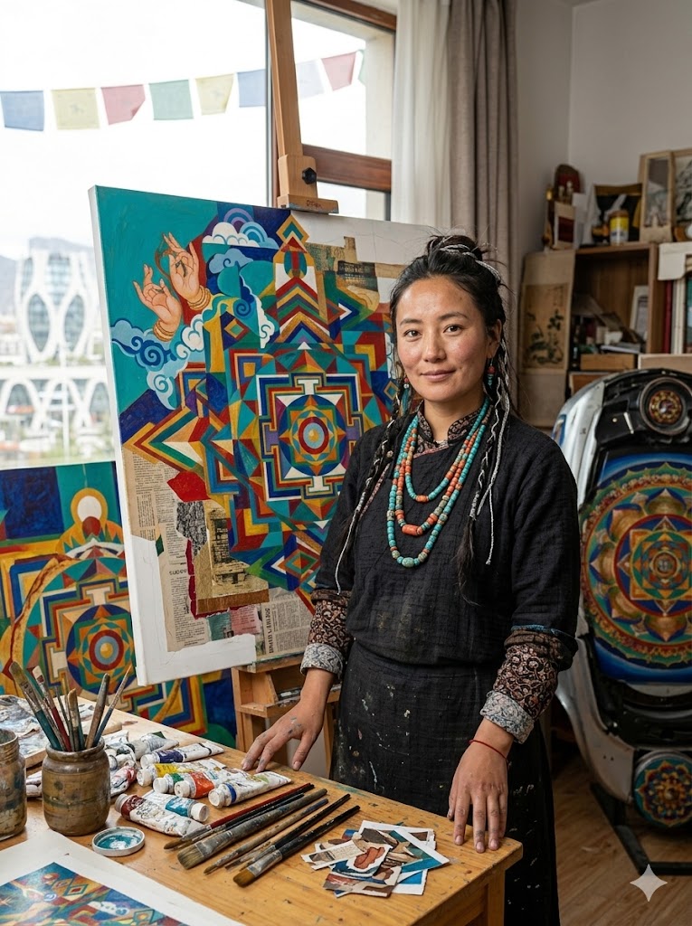 Portrait of Dechen Wangmo, Rebkong tradition thangka artist