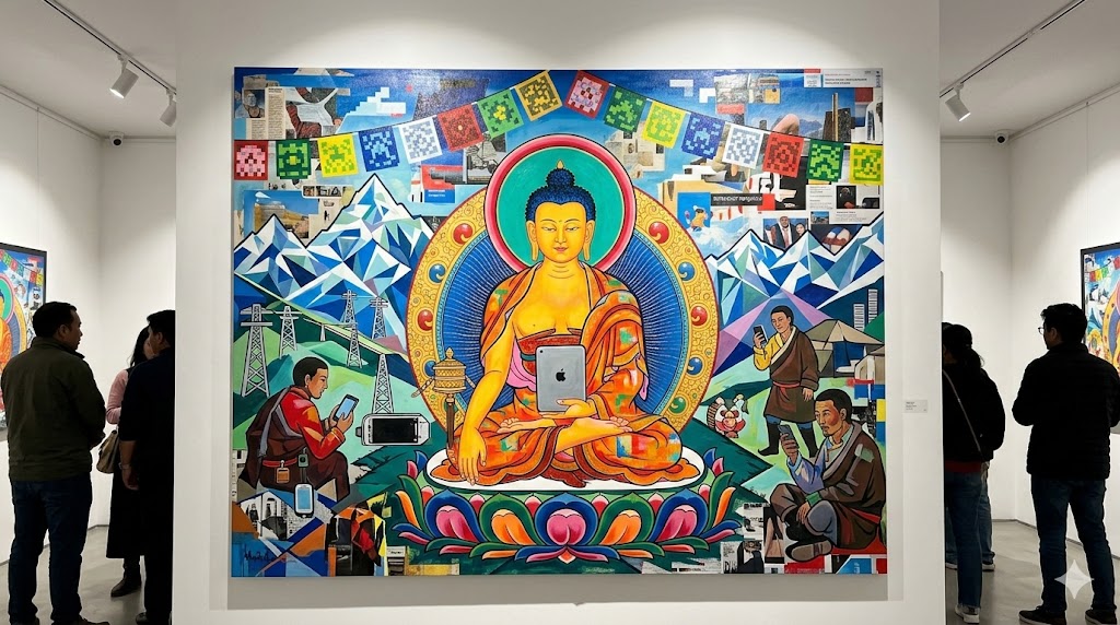 Thangka painting of Manjushri deity in gold and vermillion on dark ground